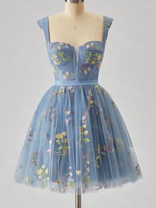 Robes de soirée en tulle brodé de fleurs, robe de soirée courte pour adolescentes, ligne A, sans manches, robes de bal formelles pour femmes