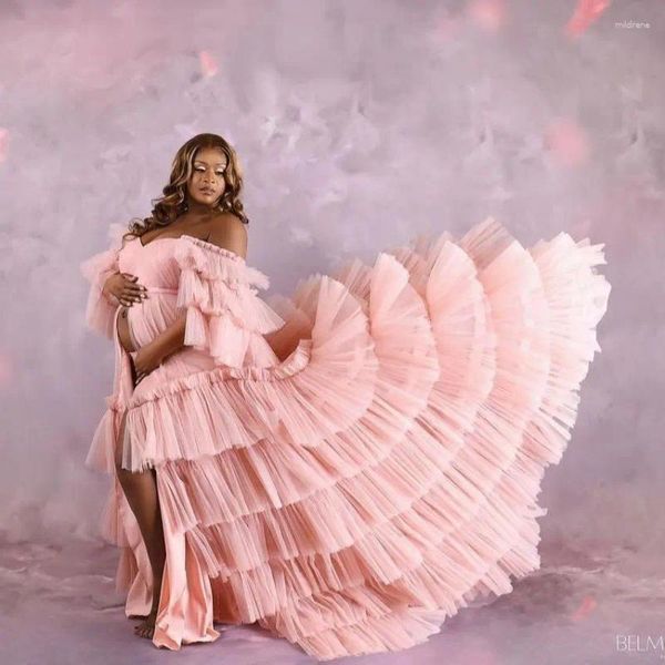 Vestidos de fiesta Fluffy Pink Maternity Plisado Tulle Poshoot Vestido con vestido de baby shower de hendidura Vestidos encantadores