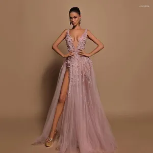 Feestjurken formele roze a-line prom diepe v-neck appliques split night jurk avondjurken gewaad de