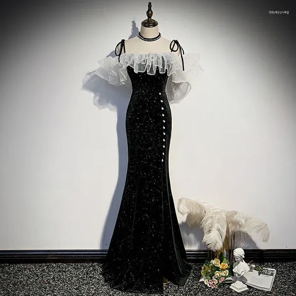Robes de soirée française élégante taille mince trompette robe de mariée fronde volants maille conception robe de bal tempérament paillettes soirée