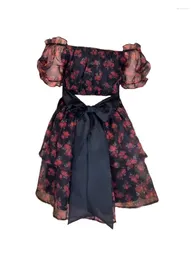 Robes de soirée Style français Rétro Floral Print Design Femmes Mini One-Pièce 2024 Patchwork Tie Up Bow Robe Femme Cour Vintage A-ligne Chic