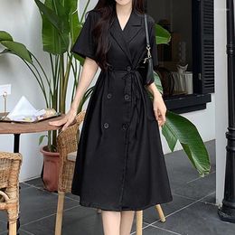 Partykleider Französisch Stil Solide Zweireiher, Figurbetontes Kleid Frauen Kurzarm Vintage Anzug Büro Dame Sommer Schwarz Vestidos