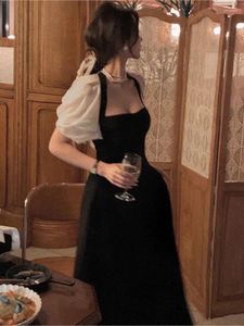 Robes de soirée Style français Vintage manches bouffantes en mousseline de soie robe d'été décontracté vacances bureau dame col carré blanc noir robes