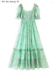 Robes de soirée françaises Vintage Court Style 2023 été femmes vert imprimé col carré manches bouffantes Organza princesse longue robe