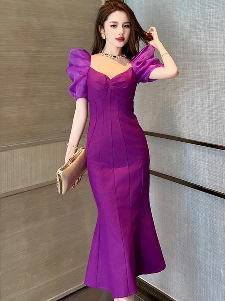 Robes de soirée Français Vintage Robe longue Femme Style élégant Violet Bubble Manches Wrap Hip Fishtail Robe Maxi Robe Femme Robes de bal