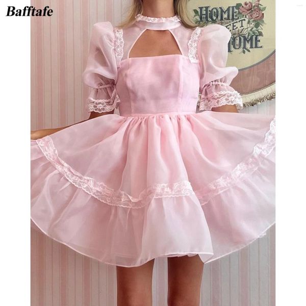 Vestidos de fiesta Fucsia Rosa Organza Mini Prom Mangas cortas Vestido de fiesta de encaje alto Neack 2023 Vestidos formales Mujeres usan trajes