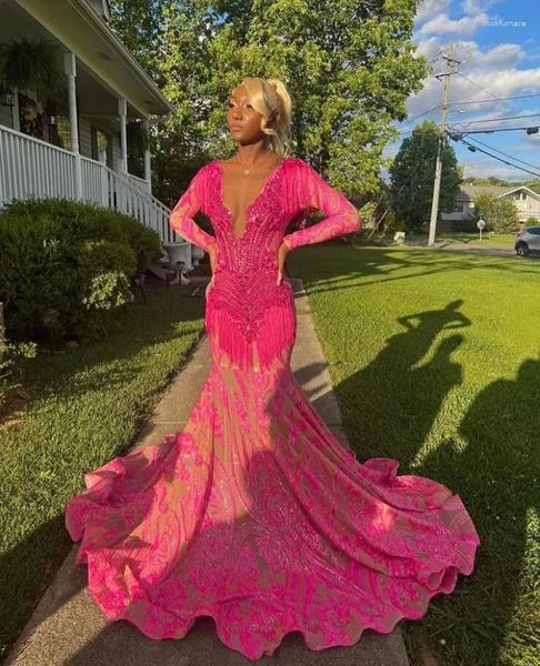 Vestidos de fiesta fucsia rosa brillante manga larga noche formal para niña negra de lujo de diamante de diamante africano gala de baile de baile de vestir cumpleaños