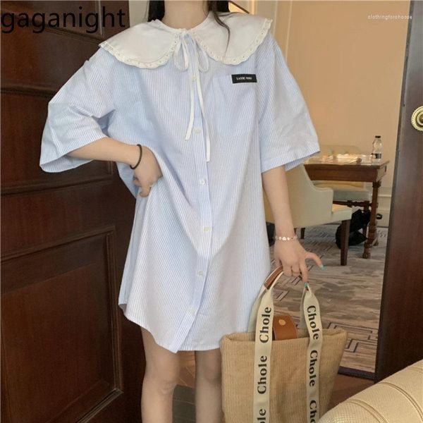 Vestidos de fiesta Gaganight Mujeres Cool Cute Style Doll Neck Lace Up Blue Dress 2023 Summer Color Contrast Loose A Line Short Mujer