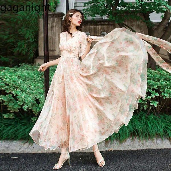 Robes de fête Gaganight Femmes French Style V couche Floral Floral Long Manched Robe 2024 Haute taille mincer