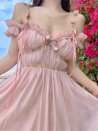 Feestjurken Gaun tali merah muda manis musim panas wanita elegan v nek pita bunga gaun pesta sensi off schouder chic liburan vestidos 23051555