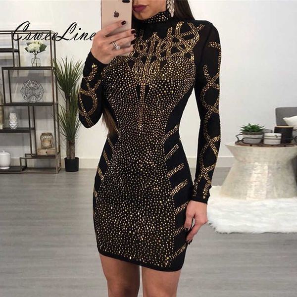 Robes de soirée Strass géométriques robe moulante noire femmes sexy à manches longues robes de soirée en cristal tenue de boîte de nuit pattrens femmes robes T220930