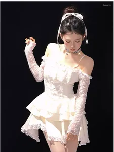 Robes de soirée fille dentelle blanc Kawaii robe Lolita femme en cascade à volants manches longues fée bretelles anniversaire Quinceanera