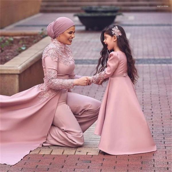 Vestidos de fiesta Glam Pink Jumpsuit Dress con sobrepesos Dubai Saudita Árabe Noche 2024 Manga larga Turquía Musulmán Musulmán Vestidos islámicos