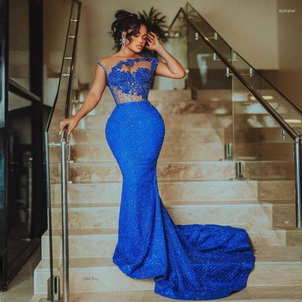 Vestidos de fiesta Glitter Beading Lace Night ASO ASO EBI Style Royal Blue Wedding Weddings Vestido de graduación africano personalizado