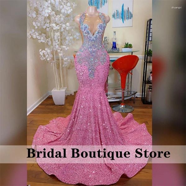 Vestidos de fiesta Glitter Mermaid Pink Mermaid Vestido de baile 2024 Beads brillantes Rhinestones Sequín Sequins Birthing Luxury Birthay para boda