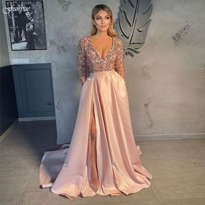 Feestjurken glitter pailletten roze prom jurken sexy spleet satijn lange mouw 220823