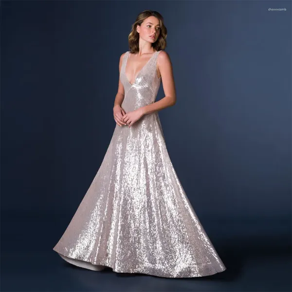 Vestidos de fiesta Glitter Silver Formal Elegante Long V Sectins SELLINS SHILLLY A-LINE Mujeres Vestidos de la noche de la noche