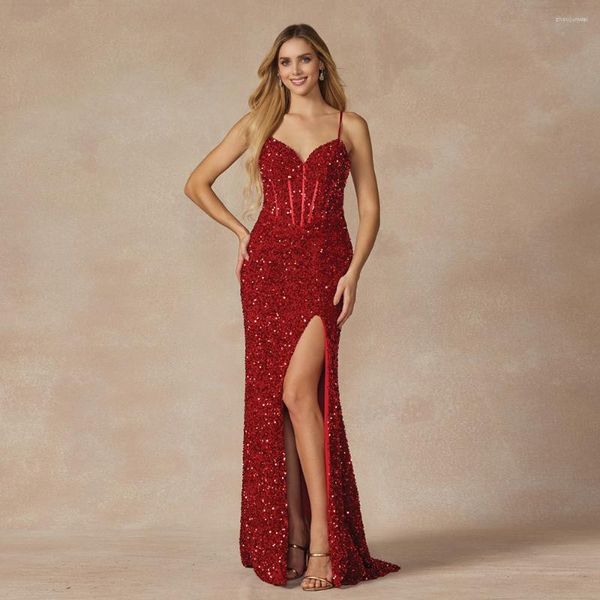 Vestidos de fiesta GLITTER V Mermaid Vestido Prom Lading High Burgundy Backless Sequin Long Formal Vestido de espagueti Straphetti Correa