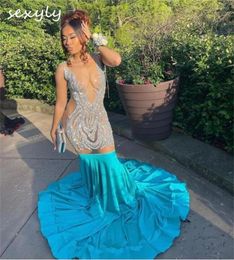 Robes de fête Magnifique robe de bal bleu pour filles noires perlé diamant voir à travers le top méchant sirène des soirs de soirée élégante occasion formelle