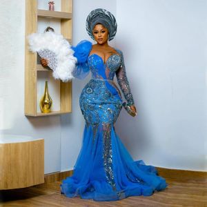 Feestjurken prachtige Nigeriaans blauw prom plus size African zeemeermin kralen kanten formele gelegenheid jurk aso ebi bruiloft receptie jurk