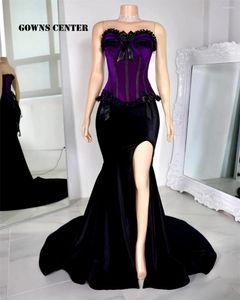 Feestjurken prachtige paarse en zwart fluwelen korset prom jurk vrouwen elegante boog strapless formele gelegenheid hign split vestido