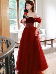 Vestidos de fiesta precioso vino rojo fuera del hombro mujeres vestido de graduación sin tirantes de cintura alta tul largo vestido de noche princesa Vestidos