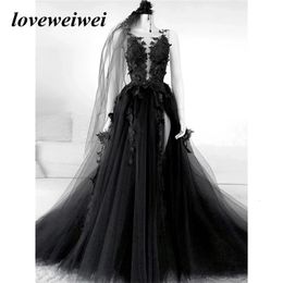 Feestjurken Gothic Black Prom Sexy Backless High Side Split Aline Avond Jurk Lace Formele jurken met Veils gewaad de 230310