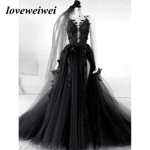 Robes de soirée gothique noir bal sexy dos nu haut côté fendu Aline Robe de soirée dentelle robes formelles avec voile Robe De 230225