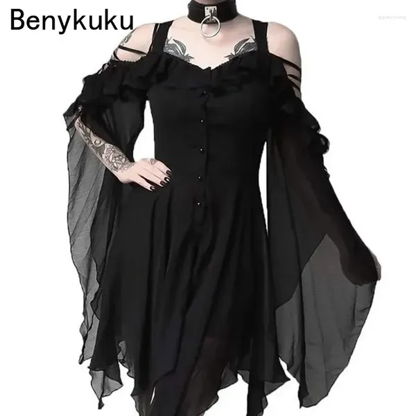 Robes de fête Gothic Punk Strap Robe Femmes Cosplay Costume Ruffles Flare Sleeve Sexy Off épaule Épaule Irréguleux Swing Goth