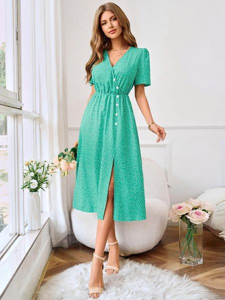 Vestidos de fiesta Vestido de Navidad verde para mujeres Lunares Casual Verano Chicas femeninas Puff Manga con cuello en V Ropa deslizante Moda Año Gala