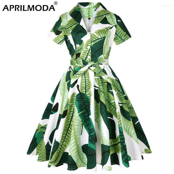 Robes de soirée Vert Feuille Imprimer Coton Pinup Swing Femmes Robe Avec Ceinture 4XL 3XL Robe Femme 50's 60s Rétro Vintage Costume Vêtements