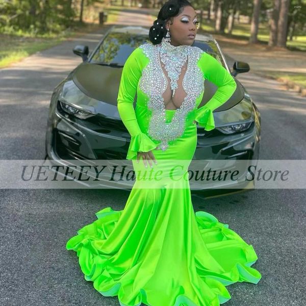 Vestidos de fiesta Green Luxury Prom Beading Sequind manga larga Cuello alto Tecnético Sexy Graduation Vestidos Noche de sirena