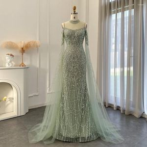 Feestjurken groene zeemeermin luxe dubai avondjurk met cape mouwen elegante vrouwen paarse bruiloft formele jurk