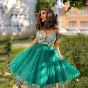 Feestjurken groen mooie zoete korte homecoming v nek mouwloze appliques tule ball jurk vrouwen elegante prom cocktailjurken