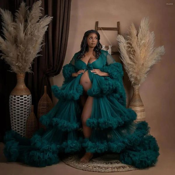 Robes de soirée vert bal femmes enceintes 2 pièces taille Empire maternité Poshoot robe couches volants élégant bébé robe de douche