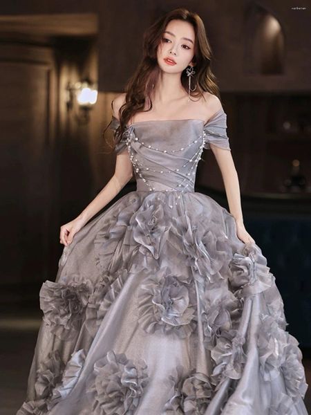 Vestidos de fiesta Flores de noche gris A-Línea fuera del hombro Beading High Geading Long Wedding Bridesmaid Prom 2024