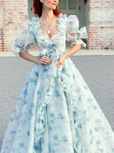 Robes de fête Gypsylady Floral Chic Maxi Robe Robe Organza Elegant Blue Summer Femmes Ruffle en dentelle