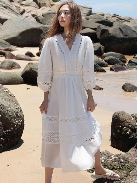 Robes de fête Gypsylady blanc français chic robe élégante V-Colon Coton Lace Crochet Summer Spring Vocation Women Ladies Vestidos