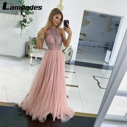 Robes de fête décolleté licou avec cristaux de trou de serrure avant coral tulle robe vestide vestidos para festa de casamento sexy backless soirée