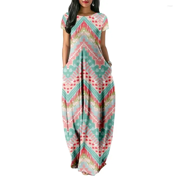 Robes de soirée Imprimé Peint à la Main Patchwork Femmes Casual Robe à Manches Courtes Lâche Longue Double Poche Plage Robe de Vacances-Robe de Femme-