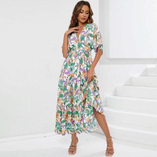 Robes de soirée Happie Queens Femmes Imprimé Floral Manches Chauve-Souris Taille Élastique Plage Bohème Dame Col En V Robe Maxi D'été Robe