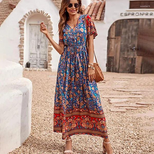 Robes de fête Happie Queens Femmes Floral Imprimé à manches courtes Bohemian Maxi Robe Madames V-Neck Rayon Boho Vestidos