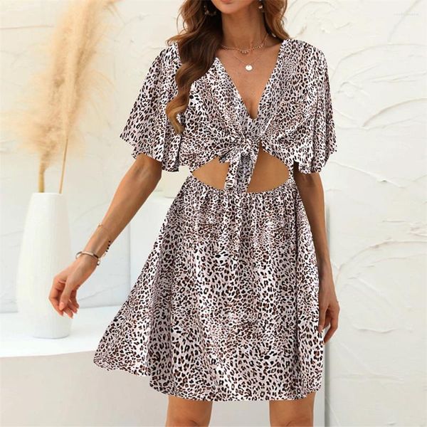 Robes de fête Happie Queens Femmes Leopard Print Rayon Coton Colon Deep Bow Bohemian mini robe courte manche sexy Hollow Out Boho