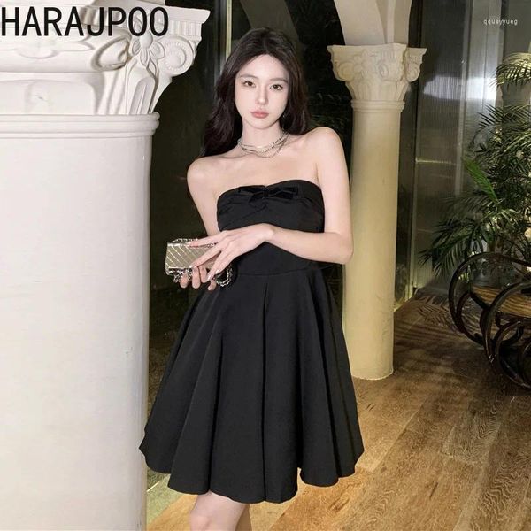 Vestidos de fiesta Harajpoo Moda coreana 2024 Chica Dulce Lujoso Un hombro Sin tirantes Vestido negro Hepburn Cintura Atado Mullido Vestidos de mujer