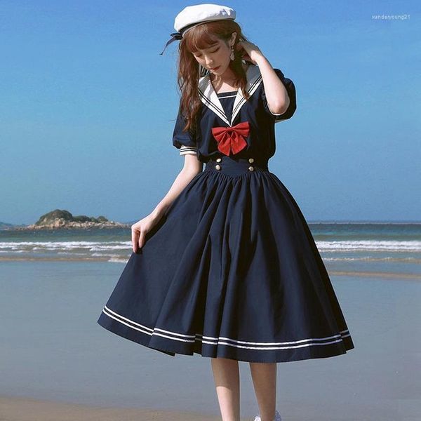 Vestidos de fiesta Harajuku cuello marinero vestido azul marino japonés Lolita dulce lazo chica Retro algodón Kawaii estilo universitario de manga larga mujeres