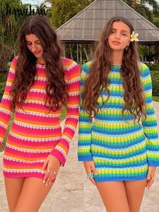 Robes de soirée Hawthaw Femmes À Manches Longues Rayé Plage Vacances Moulante Mini Robe Streetwear Vêtements D'été Articles En Gros Pour Les Affaires 221128