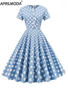 Feestjurken hepburn -stijl vintage swing jurk korte mouw v nek katoenen polka dot print gewaad pin up rockabilly 50s 60s geplooided