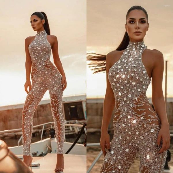 Robes de soirée col haut cristal bal illusion sans manches combinaison perlée Dubai femmes robes de soirée sexy robe d'occasion spéciale