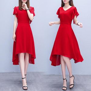 Feestjurken High Low Chiffon Dress Women Summer Holiday Beach Black Red Midi Plus Maat