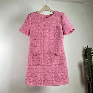 Feestjurken van hoge kwaliteit weven roze tassel tweed een lijn jurk kleine geurige vrouwen ronde kraag zakken met korte mouwen plaid wollen kleren